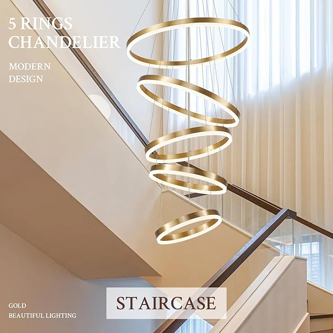 Modern LED Chandelier for Foyer Dimmable Gold High Ceiling Chandeliers Foyer with Remote Control for Entryway Dining Room Living Room Staircase, 3000K-6500K(5-Rings D23.6’’)
