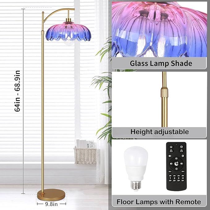 Floor Lamp for Living Room,Bedroom,Gold Dimmable Standing Lamp with Remote,Mid Century Modern Brass Tall Lamp Retro Vintage Glass Lamp Floor Light Boho Bohemian