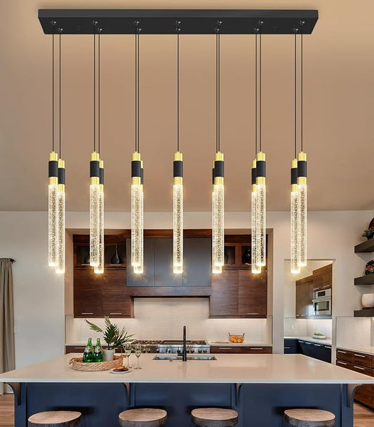 14-Lights Modern Rectangular Chandeliers for Living Room LED Dimmbale Light Fixture for High Ceiling Pendants Lighting for Dining Room