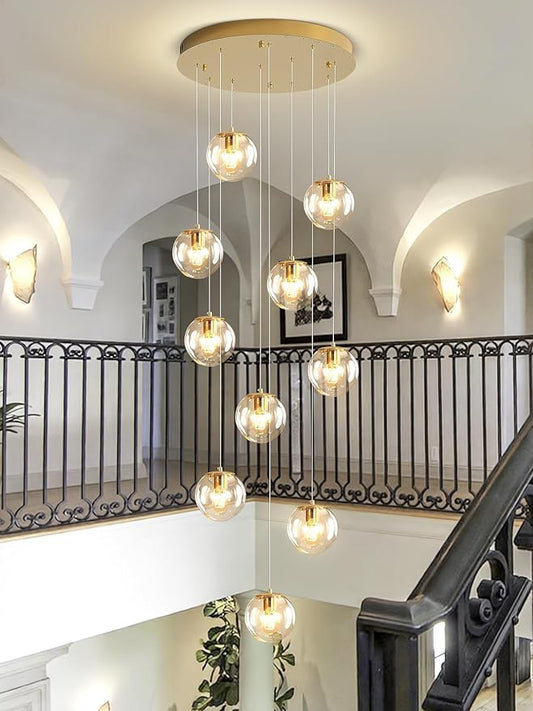 H118 Modern Glass Globe Chandelier Staircase Chandelier for Entryway 12-Lights Glass Globe Pendant Light Large Chandeliers for High Ceiling Foyer Stairwell