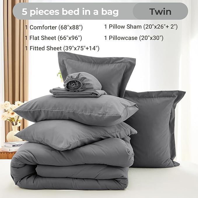 MUXHOMO 5 Pieces Twin Comforter Set, Soft Bed in a Bag Twin Size, All Season Bedding Set with Comforter, Flat Sheet, Fitted Sheet, Pillowcases & Shams, Dark Grey
