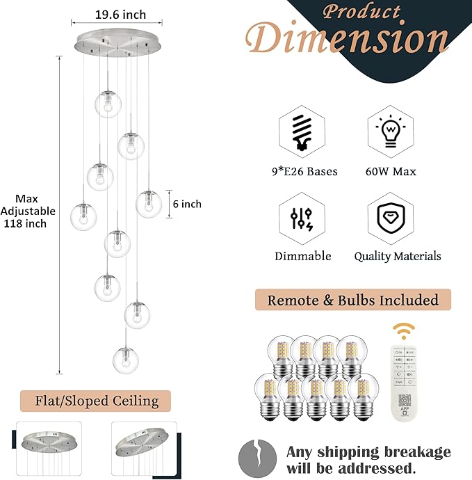 KoKo&Yukina 9-Light Globe Glass Pendant Light Adjustable Length Pendant Lights Fixtures Modern Nickel Clear Globe Glass Chandelier High Ceiling Lights Fixtures for Staircase (Bulb & Remote Incl.)