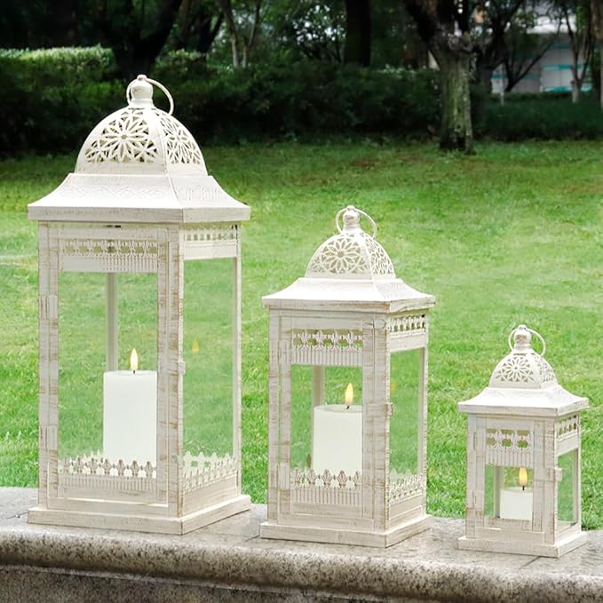 JHY DESIGN 6Pcs Decorative Candle Lanterns 20"&14.5"&9.5" High Vintage Style Hanging Lantern, Metal Candleholder for Indoor Outdoor, Events, Parties and Weddings（Beige with Gold Brush）