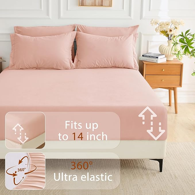 MUXHOMO 7 Pieces Queen Comforter Set, Soft Bed in a Bag Queen Size, All Season Bedding Set with Comforter, Flat Sheet, Fitted Sheet, Pillowcases & Shams, Rose Gold