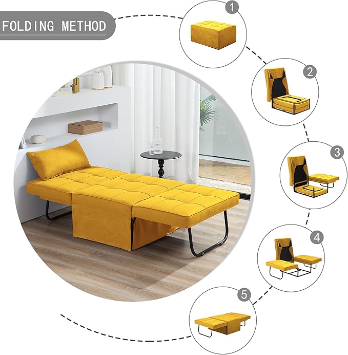 BIGSYY Sofa Bed, 4 in 1 Multi-Function Folding Ottoman Breathable Linen Couch Bed with Adjustable Backrest Modern Convertible Chair for Living Room Apartment Office, Yellow