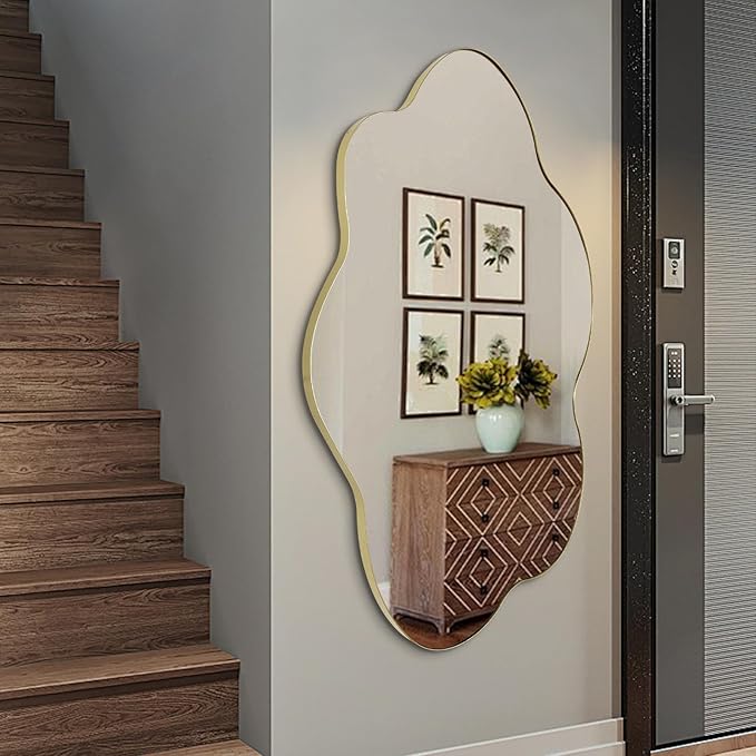 Gold Irregular Mirror, 43.7"x29.5" Asymmetrical Wall Mirror, Scalloped Decorative Mirrors, Modern Wavy Shaped Mirrors for Living Room Bathroom Bedroom Hallway Entryway Fireplace