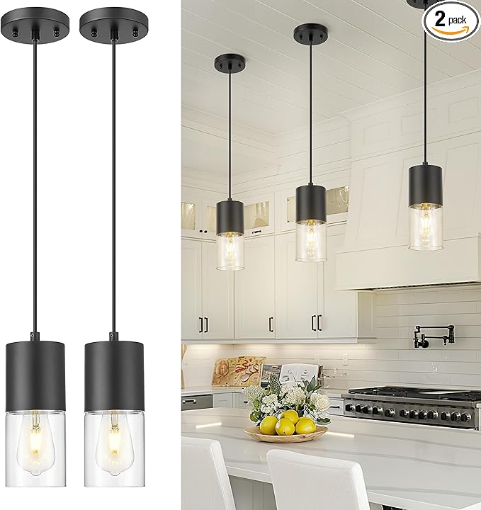 2-Pack Pendant Lights Kitchen Island, Matte Black Hanging Lights Fixtures with Cylinder Clear Glass, Modern Kitchen Pendant Lighting Over Island for Dining Room, AD-24023-1P2-BK