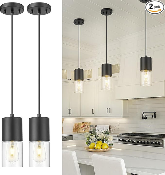 2-Pack Pendant Lights Kitchen Island, Matte Black Hanging Lights Fixtures with Cylinder Clear Glass, Modern Kitchen Pendant Lighting Over Island for Dining Room, AD-24023-1P2-BK