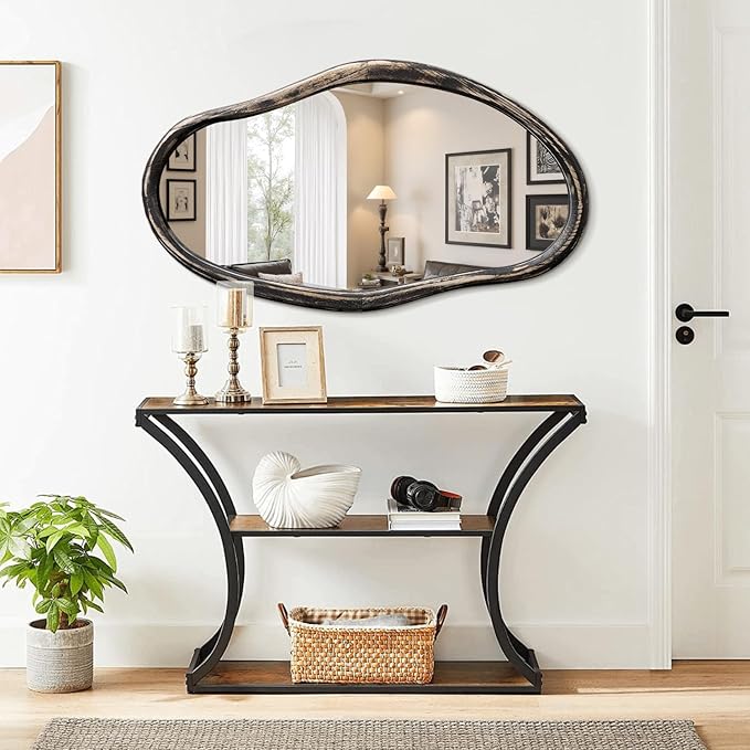 JJUUYOU Irregular Mirror Asymmetrical Wall Mirror 36"x24" Modern Hanging Mirrors for Bathroom Bedroom Living Room Hallway Large Wall Mounted Makeup Dressing Mirrors Rustic Black