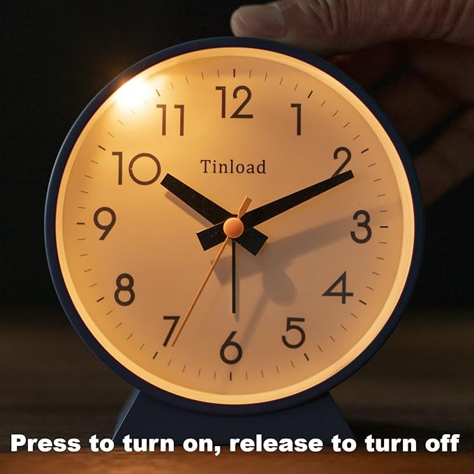4.5" Battery Operated Analog Alarm Clock, Small Silent Bedside Desk Clock with Night Light, Blue
