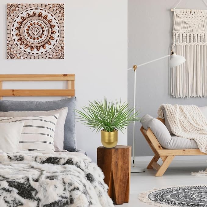 Hollyone Large Artificial Potted Plants Fake Palm Plants 13" Faux Tropical Palm Plant Tree in Gold Metal Pots for Home Room Office House Indoor Decoration