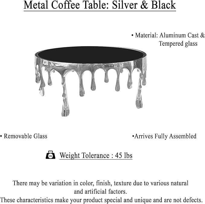 TUP THE URBAN PORT Capri Coffee Table | 36 Inch Round Glass Top | Melting Drip Design | Silver