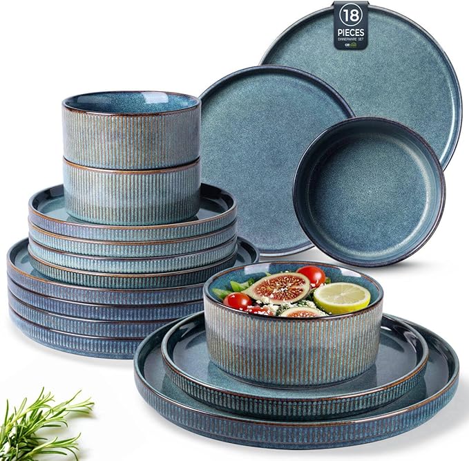 GBHOME Stoneware Dinnerware Sets for 6,Round Reactive Glaze Ceramic Plates and Bowls Set,Highly Scratch Resistant | Dishwasher & Microwave Safe Dishes Set,Service for 6(18Pcs)
