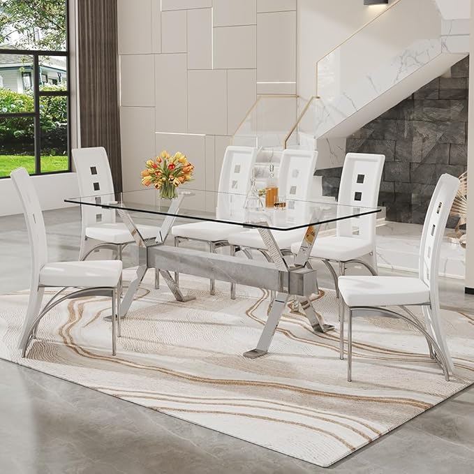 71'' Glass Dining Table Set for 6,7 Piece Dining Table Set with Tempered Glass Tabletop and Open‑Frame X‑Shaped Metal Base,Kitchen Table and Chairs Ideal for Dining Room&Home Office