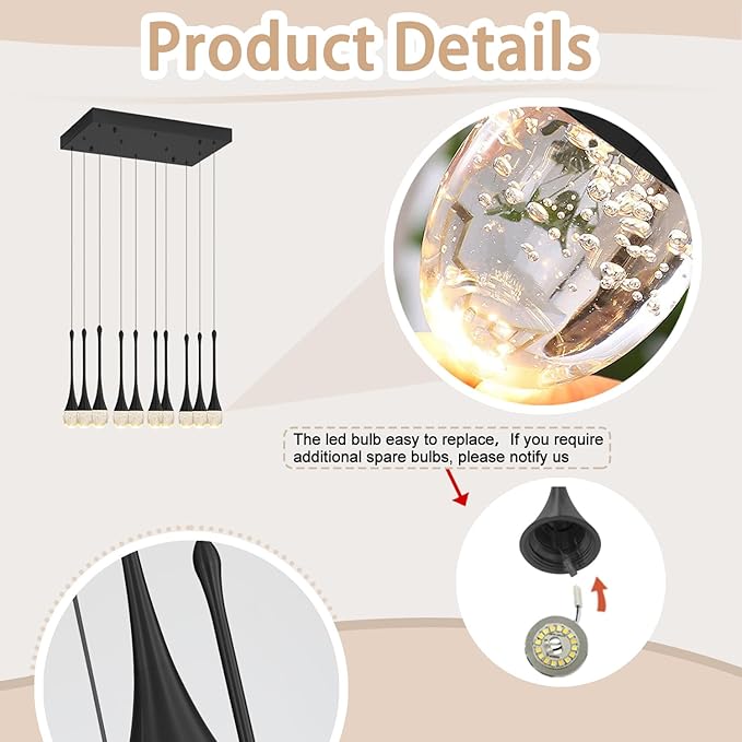 Rectangular Chandeliers for Living Room Black Dining Room Lights Fixture Raindrop Pendant Lights Kitchen Island Crystal Chandelier for Staircase Hallway Foyer Entryway