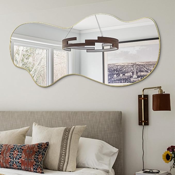 POZINO Irregular Wall Mirror, Gold Asymmetrical Mirrors Decorative, 47.2"x21.6" Large Wavy Shaped Mirror, Modern Frameless Wall Mirrors for Living Room Bathroom Bedroom Hallway Entryway Fireplace