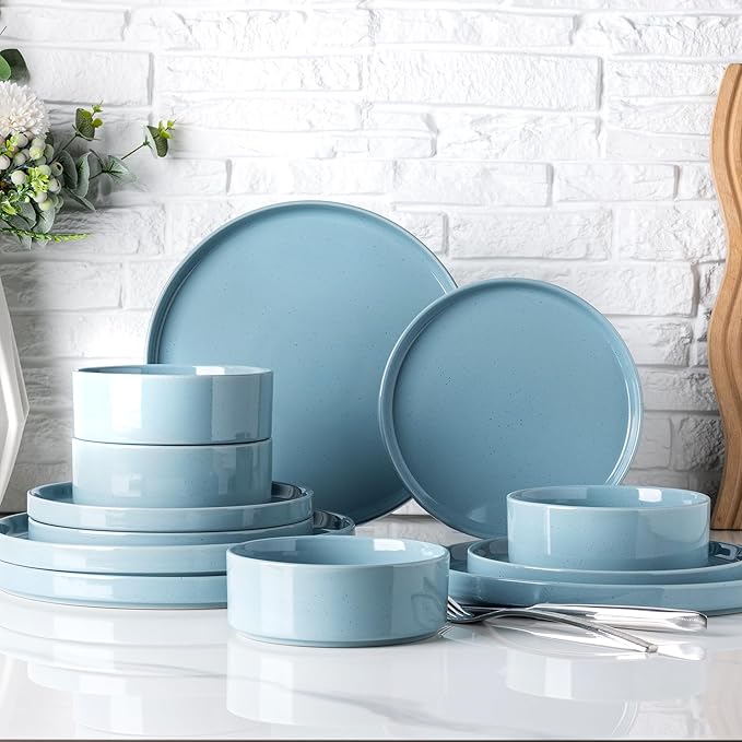 GBHOME Dinnerware Set for 4, 12 Piece Speckled Plates and Bowls Set with Glazed Bottom, Chip & Scratch Resistant Stoneware Plates Sets, Dishwasher & Microwave Safe Dishes (Stone Blue, Service for 4)