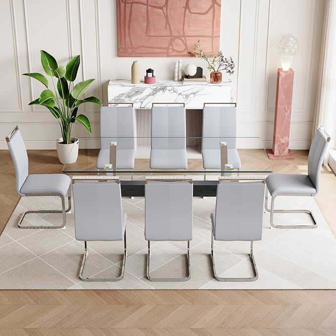 9 Piece Glass Dining Table Set, Kitchen Table Chairs Set for 8, 71'' Dining Table with 0.4" Tempered Glass Tabletop with Plated Metal Legs and MDF Crossbar, 8 PU Chairs for Dining Room, Kitchen.