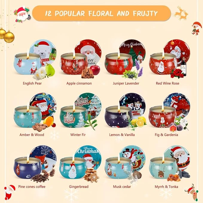 Christmas Scented Candles Gifts Set for Women, 12 Pack 2.5 Oz Candle Set, Natural Soy Wax, Aromatherapy Candles for Birthday, Christmas, Gifts for Her Women