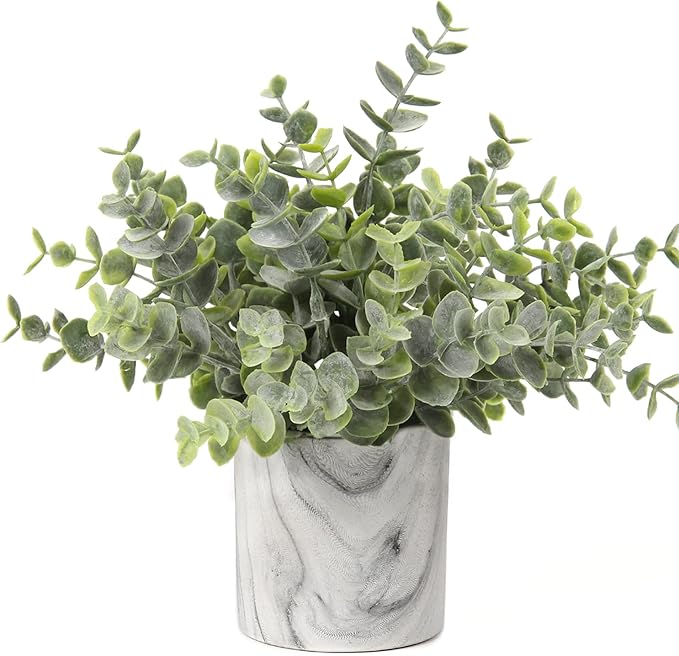 Hollyone Mini Artificial Potted Plants Fake Plants in Marble Pots, 1Pcs Plastic Eucalyptus Greenery Faux Plants for Home Office Desk Room Centerpiece Shelf Décor