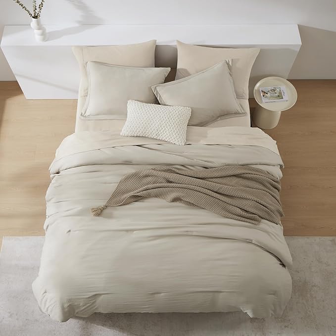 WRENSONGE Full Size Comforter Sets- 7 Pieces Soft Light Oatmeal Bed in a Bag with Fitted Sheet, Flat Sheet, 2 Pillow Shams, 2 Pillowcases, Warm Bedding Sets for All Season