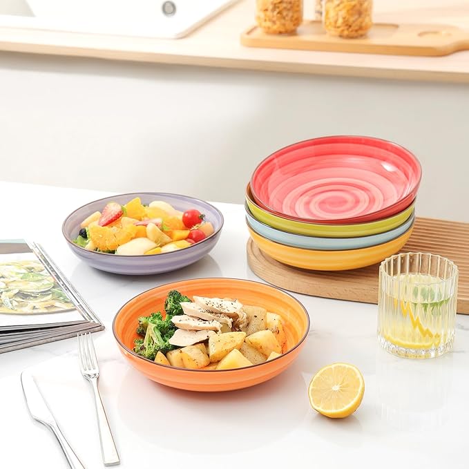 KitchenTour Pasta Bowls, Ceramic Salad Bowls Serving Bowl Set 26 oz, 8 Inch Colorful Porcelain Wide and Shallow Bowls Set - Dishwasher and Microwave Safe - Set of 6
