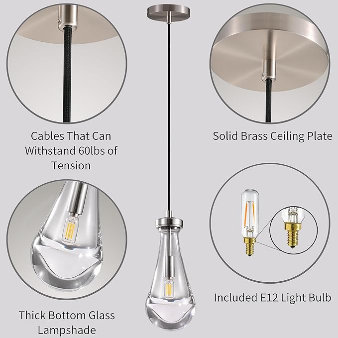 Raindrop Pendant Lights Set of 3, Modern Pendant Lights Kitchen Island 3 Pack, Brushed Nickel Island Light, Pendant Light for Bedroom Bathroom, Chandelier for Living Room Hallway