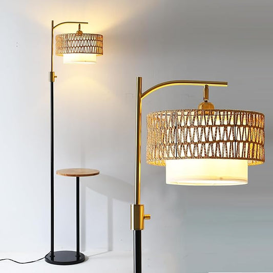 Dimmable Floor Lamp with Table and Marble Base, Arc Floor Lamp with Dimmable Bulb, Boho Farmhouse Standing lamp with Fabric & Rattan Lampshades for Living Room Bedroom (Black and Gold)