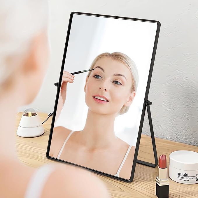 Desktop Makeup Mirror with Black Metal Standing 90° Rotation Vanity Table Mirror Portable Cosmetic Mirror for Dressing Room Bedroom Bathroom Rectangle