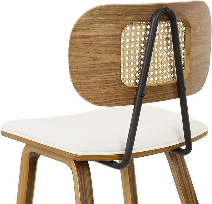 Counter Height Bar Stools Set of 2, Mid Century Modern Counter Stools, 26" Wood Kitchen Stool PU Leather Upholstered Barstool with Rattan Back, Counter Height Island Dining Bar Chair, Cream White