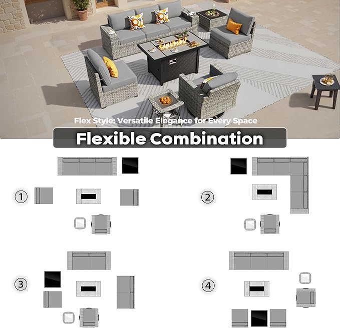 ovios 9 Pieces Patio Furniture Set, Outdoor Wicker Sectional Sofa with 42" Firepit Table Swivel Chair, Modern Modular Deep Seat Rattan Couch Conversation Sets, Dark Grey