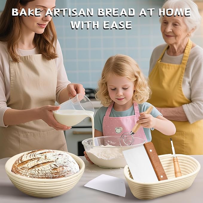Banneton Bread Proofing Basket Banneton Basket Set Sourdough Proofing Basket Round Proofing Bowls Handmade Rattan Baskets and Liners (Round of 2 Gift Set)