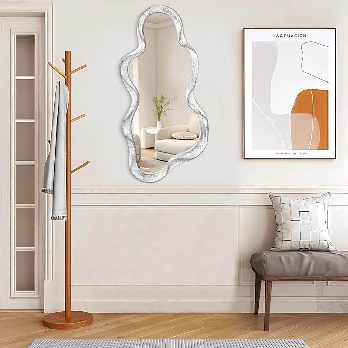 Asymmetrical Mirror Large Irregular Wall Mirror Modern Wood Frame Unique Artistic Mirrors Cute and Stylish Cloud Wavy Mirror Decorative for Cloakroom Bedroom Living Room Bathroom Entryway White