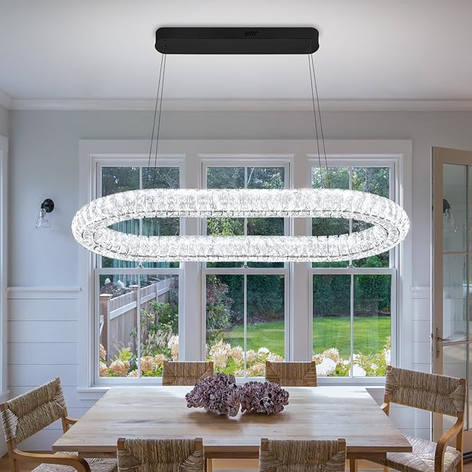 Oval Crystal Chandelier, 40'' Black Crystal Ring Pendant Light for Kitchen Island Modern Linear Oval Chandeliers for Dining Room Dimmable 3000K-6000K