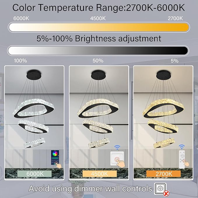 Modern Black Chandelier Adjustable 3 Rings Crystal Chandelier for Living Room Foyer Stairwell Lighting High Ceiling Light Dimmable 2700K-6000K