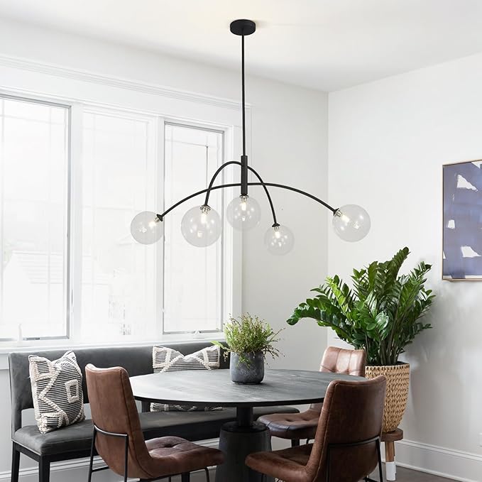 Mid Century Modern Sputnik Chandelier Adjustable 5 Light Pendant Light Fixture Clear Glass Black Ceiling Chandelier for Dining Room Kitchen Bedroom