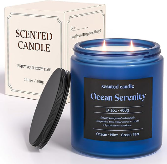 Scented Candles, 14.1 oz Scented Candles for Home, 2 Wicks Blended Scents Aromatherapy Candles for Women and Men, Birthday Gifts for Women (Ocean+Mint+Green Tea)
