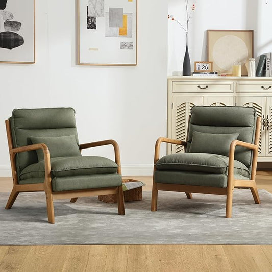 INZOY Accent Chairs Set of 2, Mid Century Modern Accent Chair with Wood Frame, Upholstered Reading Armchair with Waist Cushion, Side Chair for Living Room Bedroom Office, Easy Assembly, Green