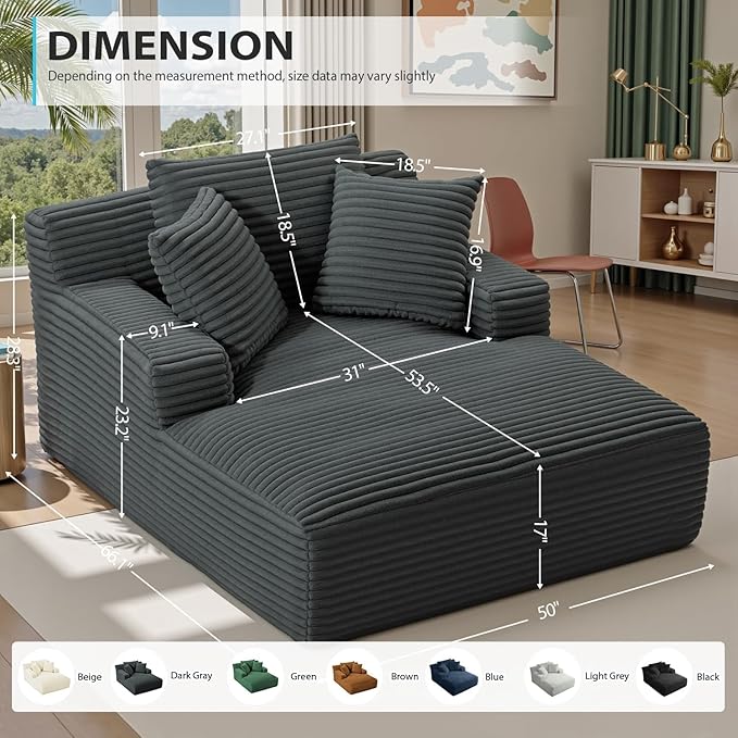 Oversized Chaise Lounge Chair Indoor, Corduroy Sofa Bed with Throw Pillows, Cozy Cloud Couch, Upholstered Sleeper Sofa Couch for Living Room, Bedroom, Apartment, Dark Gray