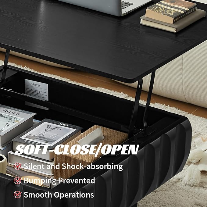 31" Lift Top Coffee Table for Living Room, Fluted Coffee Table with Hidden Storage Compartment, Mid Century Modern Solid Wood Veneer Square Center Table for Office Apartment Small Space, Black