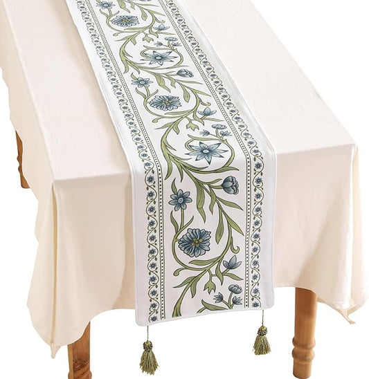 ISAENNE Designer Elegant Linen Table Runner 87 Inches Long,Vintage Blue Floral Pattern Decor Table Runners for Dining Tables,Kitchen Tables,Thanksgiving,Christmas,Banquet,12"*87"-Mosella E