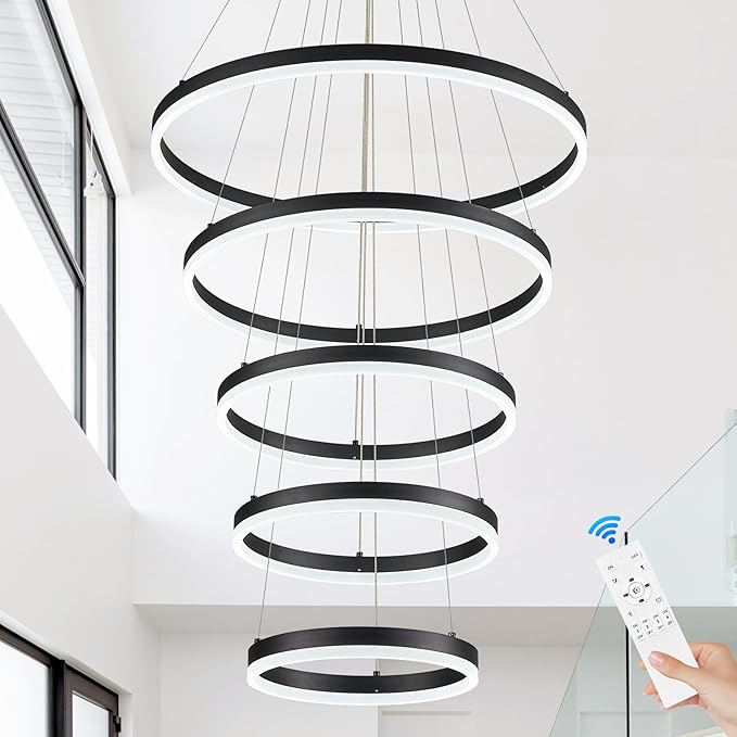Modern LED Chandelier for Foyer Dimmable Black High Ceiling Chandeliers Foyer with Remote Control for Entryway Dining Room Living Room Staircase, 3000K-6500K(5-Rings D23.6’’)