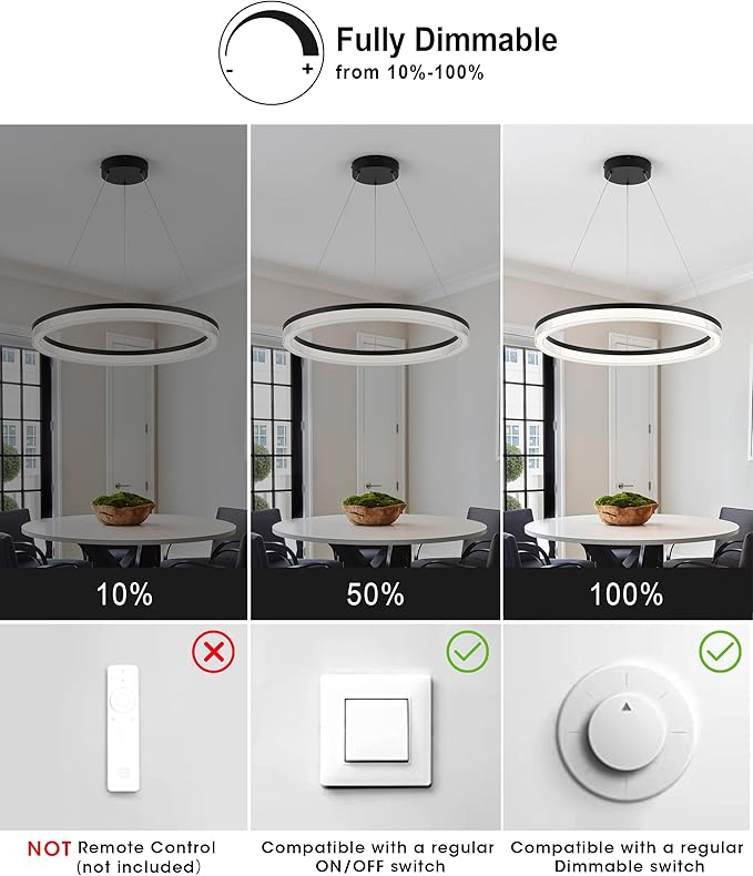 Modern Black Led Pendant Light,36W Dimmable LED Chandelier Lighting Fixture, 1 Ring Circular Hanging Led Pendant Lighting for Living Room Dining Room Kitchen Island Foyer Office