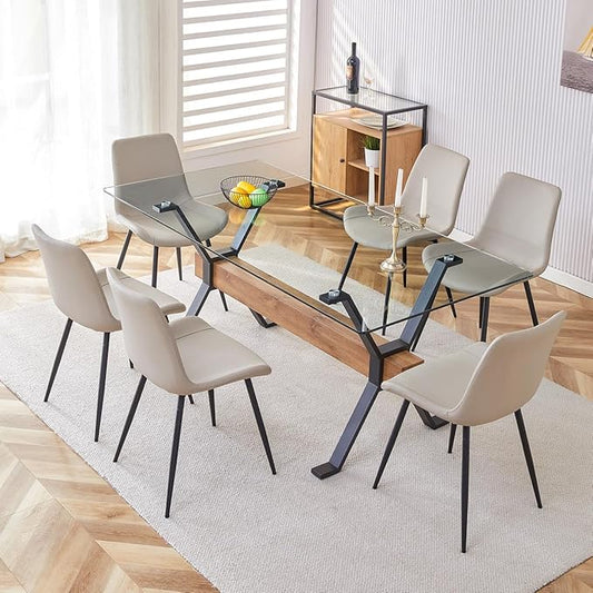 7 Piece Glass Dining Table Set, Kitchen Table Chairs Set for 6, 71'' Dining Table with 0.4" Tempered Glass Tabletop with Plated Metal Legs and MDF Crossbar, 6 PU Chairs for Dining Room, Kitchen.