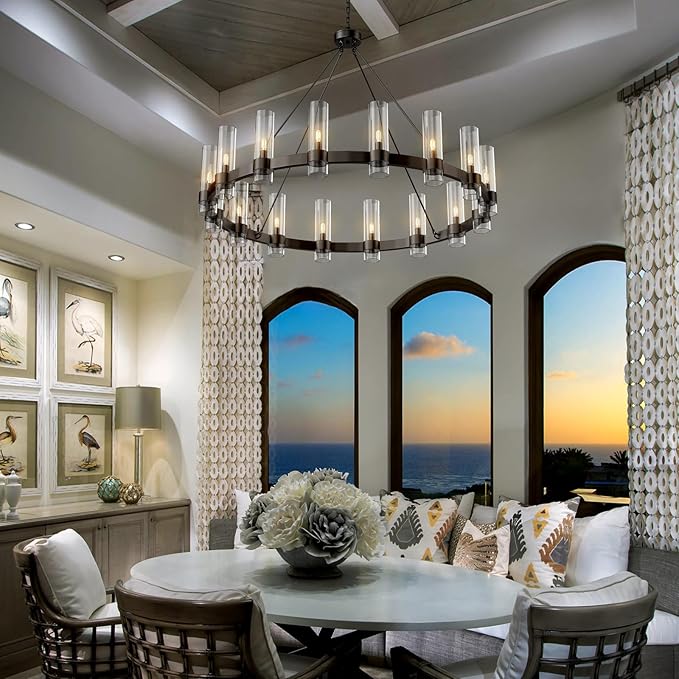 48 Inch Black Chandelier, Wagon Wheel Chandelier with Glass Shade, 16-Lights Large Round Modern Farmhouse High Ceiling Pendant Lighting Fixture for Dining Room, Living Room, Kitchen, Foyer