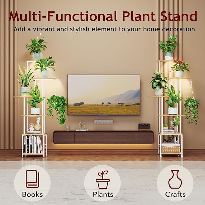 Plant Stand Indoor with Grow Light, 6-Tiered Tall Plant Stand Indoor, Metal Plant Shelf with Hanging Basket Hook and Adjustable Light, Ideal for Living Room, Garden, Patio, （Maple）