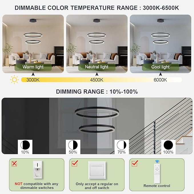 2-Rings Modern LED Chandelier Black for Dining Room, Circular Flush Mount Ceiling Chandelier Light Dimmable Pendant Light with Remote Control for Living Room Entrance Foyer, 3000K-6500K