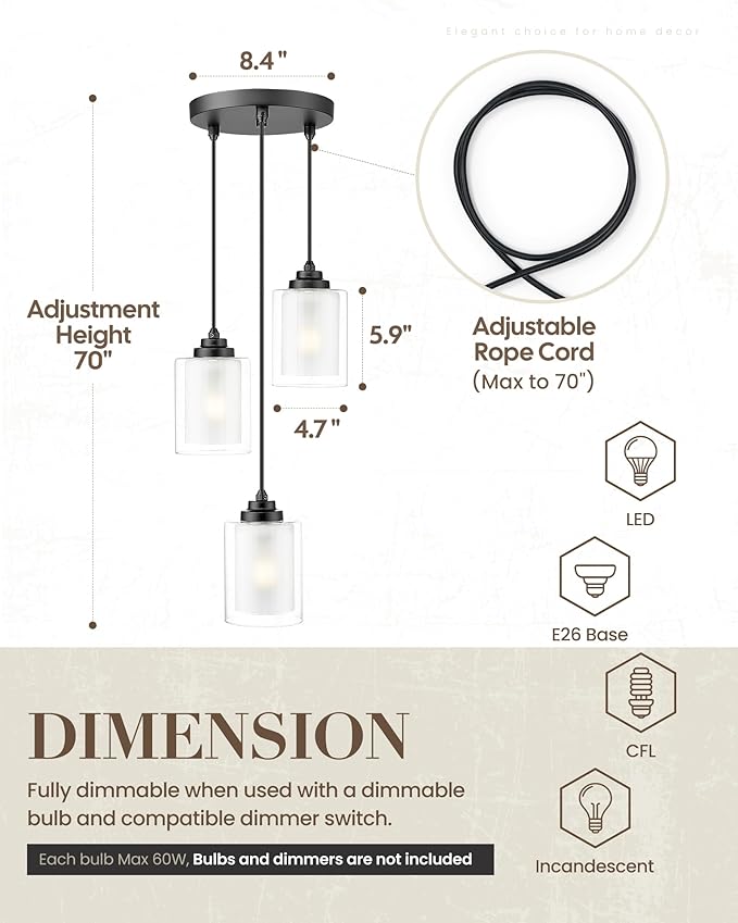 TENGXIN Modern Pendant Light, Matte Black, Dual Glass Shade, Farmhouse Style for Kitchen Island, Dining Room, Bedroom
