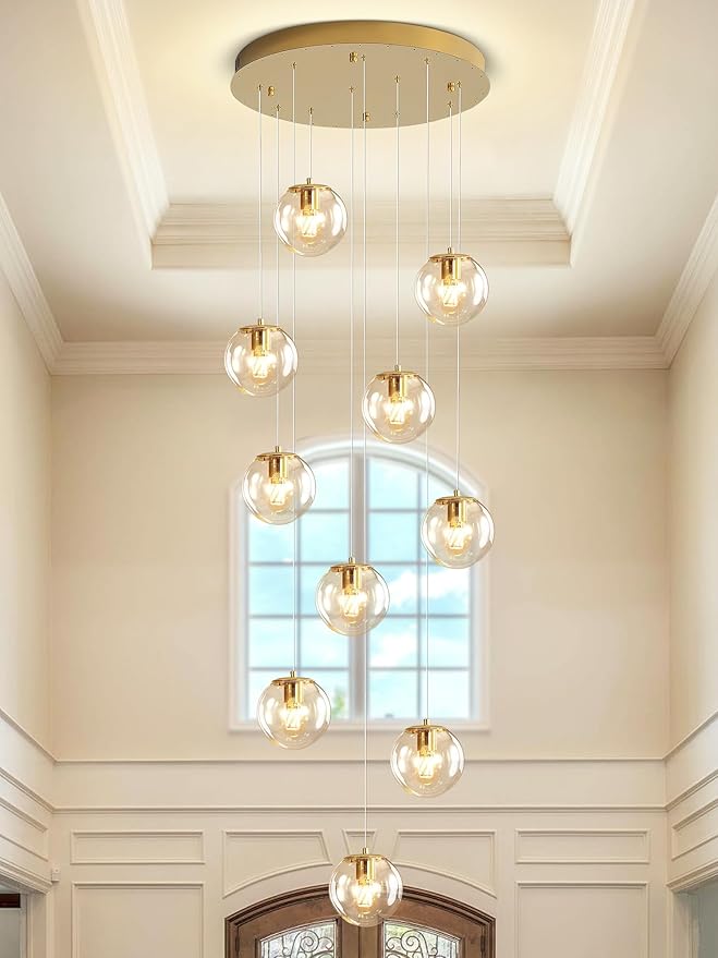H118 Modern Glass Globe Chandelier Staircase Chandelier for Entryway 12-Lights Glass Globe Pendant Light Large Chandeliers for High Ceiling Foyer Stairwell