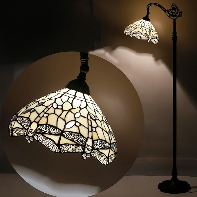 WERFACTORY Tiffany Floor Lamp Cream Stained Glass Dragonfly Arched Lamp 12X18X64 Inches Gooseneck Adjustable Corner Standing Reading Light Decor Bedroom Living Room S139 Series